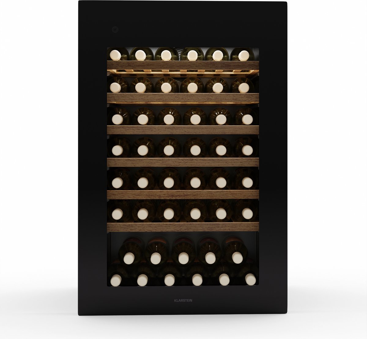 Klarstein Wijnkoeler Rhone 59 Uno - 59 flessen, 1 zone, 5-20 °C, LED-bediening, UV-bescherming, stille werking, zwart - Wijnkoelkast - 152L 38 dB - voor Wijnliefhebber voor Bar - Glazen Deur Houten Schappen - Wijnklimaatkast - Wijnkast