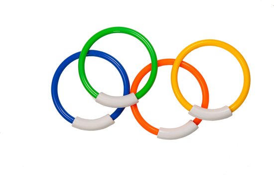 Vier gekleurde duikringen: blauw, groen, oranje en geel, met witte handgrepen, in een Olympische ringen-opstelling.