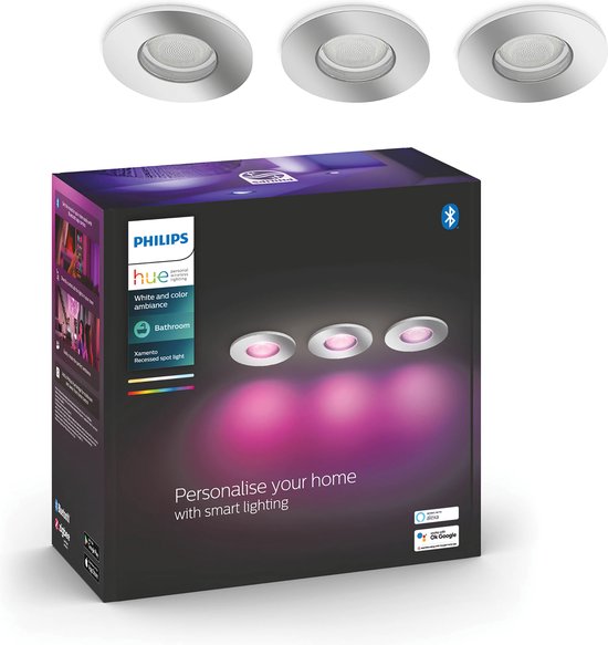Philips Hue Xamento inbouwspot - White and Colour Ambiance - GU10 - Zilver - IP44 - 3 spot - Bluetooth