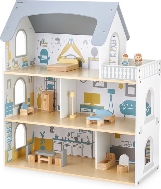 Mamabrum Houten Poppenhuis met Terras en Accessoires, Poppenhuis met 3 Niveaus, 5 Kamers, Huis met Meubilair, Poppenspeelgoedset, Hoogte 70.4 cm, Subtiele kleuren