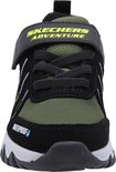 Voorkant zwarte Skechers sneaker met olijfgroene mesh, 'Waterproof' en gele accenten.