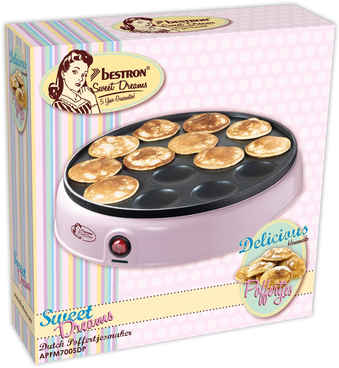 Bestron Poffertjesmaker, voordeelpakket incl. deegfles & 3 set serveertangen, ideaal voor Kerstmis, Pasen of kinderverjaardagen, retro design, 800 watt, kleur: geel