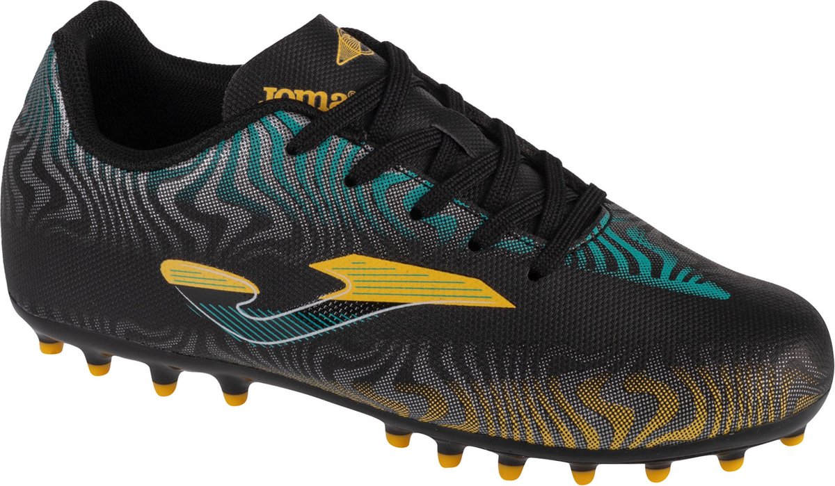Zwarte Joma Evolution Jr 2401 AG voetbalschoenen voor jongens, maat 38, met synthetisch leder en kurken noppen.