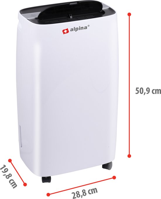 Witte Alpina luchtontvochtiger met afmetingen: 50,9 cm hoog, 28,8 cm breed, 19,8 cm diep.