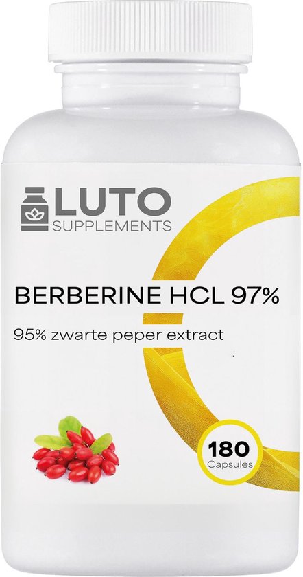 Foto: Berberine hcl 97 zwarte peper extract 180 vegan capsules superfood bloedsuikerspiegel normaal cholesterolgehalte 500 mg active stof berberis wortelextract hoog gedoseerd luto supplements