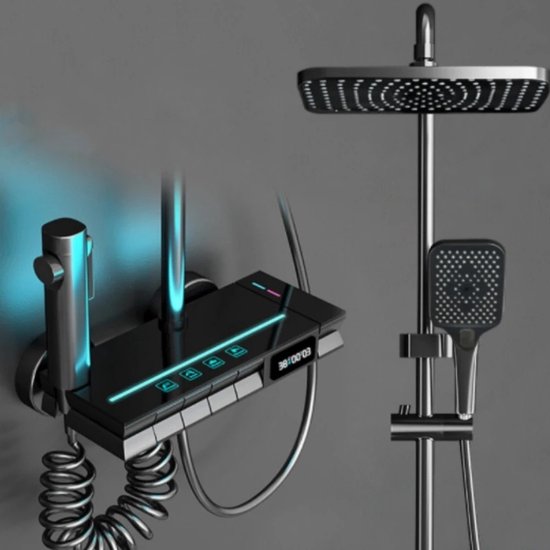 Zwart douchesysteem met digitale temperatuurweergave en verlichting.