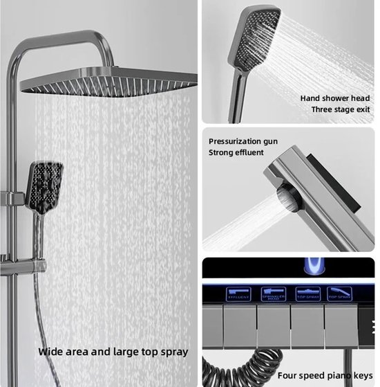 Zilverkleurig douchesysteem met digitale bediening, regendouche en handdouche.