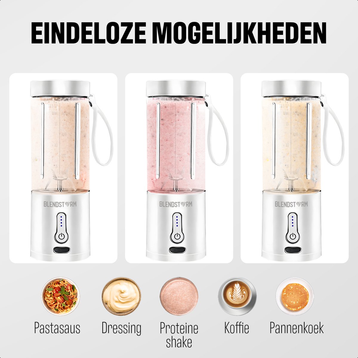 BlendStorm® Draagbare Blender - Draadloze Blender - Draadloos - Blenders - Blender To Go - 6 Mesjes - Mini Blender - Smoothie Maker - Juicer - Keukenmachine - USB Oplaadbaar - 500 ml - Wit – foto 8