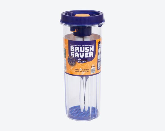 Spectrum Brush Saver verfkwastcontainer met oranje en blauwe accenten, voor maximaal 6 maanden bewaren onder vacuüm.