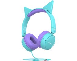 ProMate® Bekabelde Kinderhoofdtelefoon, Premium Afneembare Kattenoor Kinderheadset met Microfoon, 85dB tot 95dB Geluidsregeling, AUX Deelpoort en Zachte Oorkussens, voor Smartphones, Laptops, Mp3-speler, Jewel Aqua