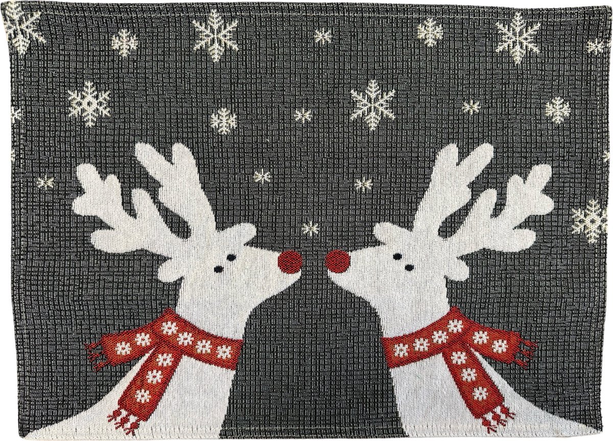 Placemat - Gobelinstof - Kerst - Grijs met 2 rendieren met rode sjaal om - 33 x 46 cm
