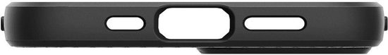 Zijaanzicht van het zwarte Spigen Liquid Air hoesje voor iPhone 13 mini, met openingen.
