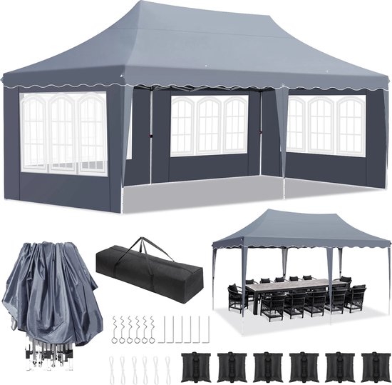 Sonnewelt Paviljoen, waterdicht, partytent, 3 x 6 m, tuinpaviljoen met 6 zijpanelen, UV-bestendig, tuintent, 100 g/m², biertent, hoogwaardig PE-zeil, feesttent, blauw