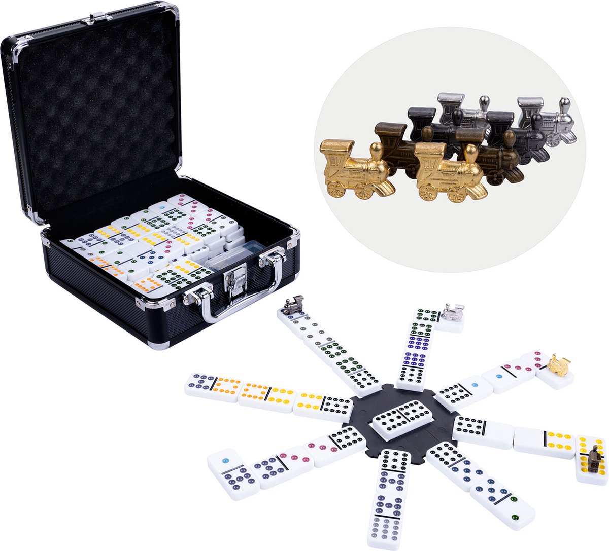 Domino Dubbel 12 Mexican Train – 91 Stenen met Gekleurde Ogen – Luxe Aluminium zwarte Koffer met Handvat – Inclusief Station & metalen Treinen – Strategisch Familiespel – Engelhart — afbeelding 3