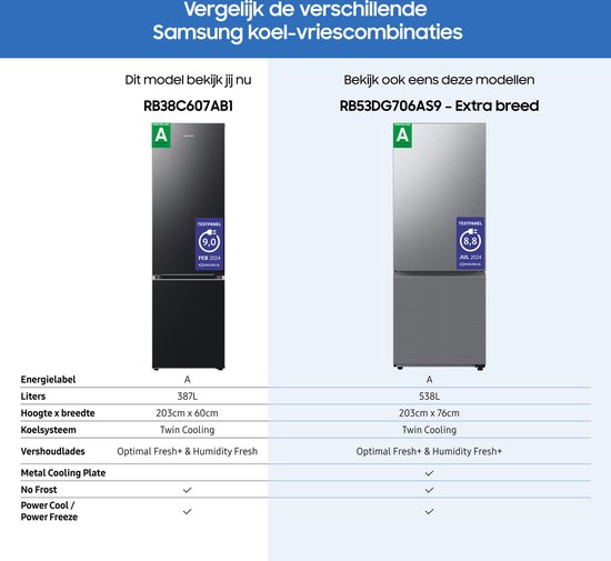 Vergelijking Samsung koel-vriescombinaties: RB38C607AB1 (387L, zwart) en RB53DG706AS9/EF (538L, extra breed, zilver).