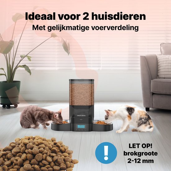 Jake and Jacky Automatische Voerbak - Inclusief 2 RVS Voerbakken & 2 Slowfeeders - Voerautomaat & Anti-Schrokbak - Voerdispenser Kat en Hond - Eetbak voor Katten & Honden - 5 Liter - Zwart
