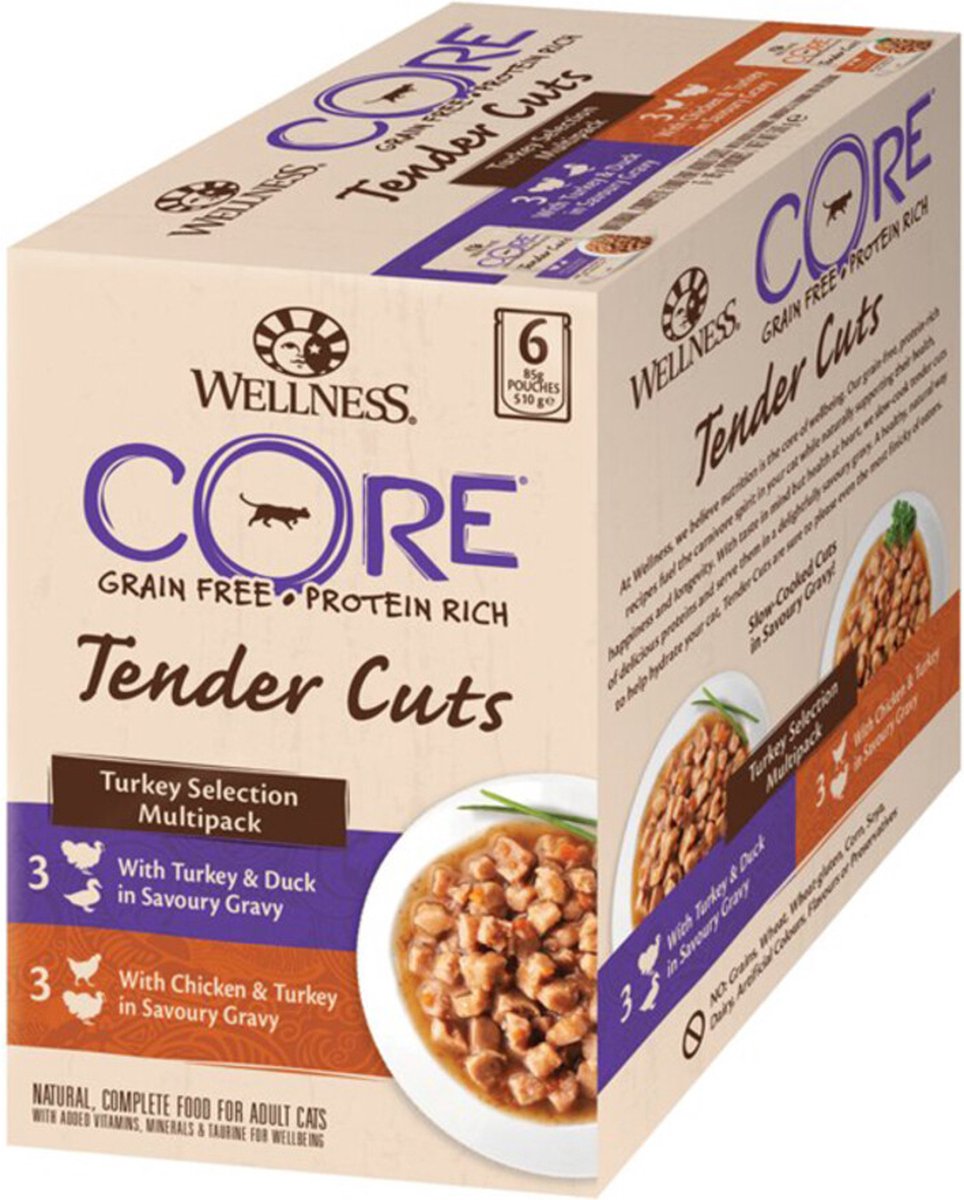 8x Wellness Core Kattenvoer Tender Cuts Selection 6-pack Kalkoen 6 x 85 gr