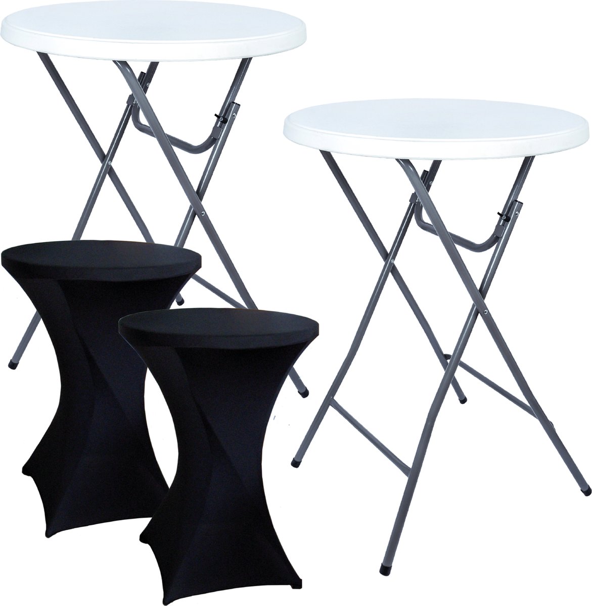 Brasq Statafel Wit/Grijs – Ø80 cm – Set van 2 – Staantafel – Partytafel – Bartafel – Inclusief 2x Zwarte Statafelrok – Vouwtafel – Inklapbaar – Voor Binnen en Buiten – Kunststof en Metaal 2 statafels Wit/ Grijs + 2 Zwarte statafelrokken