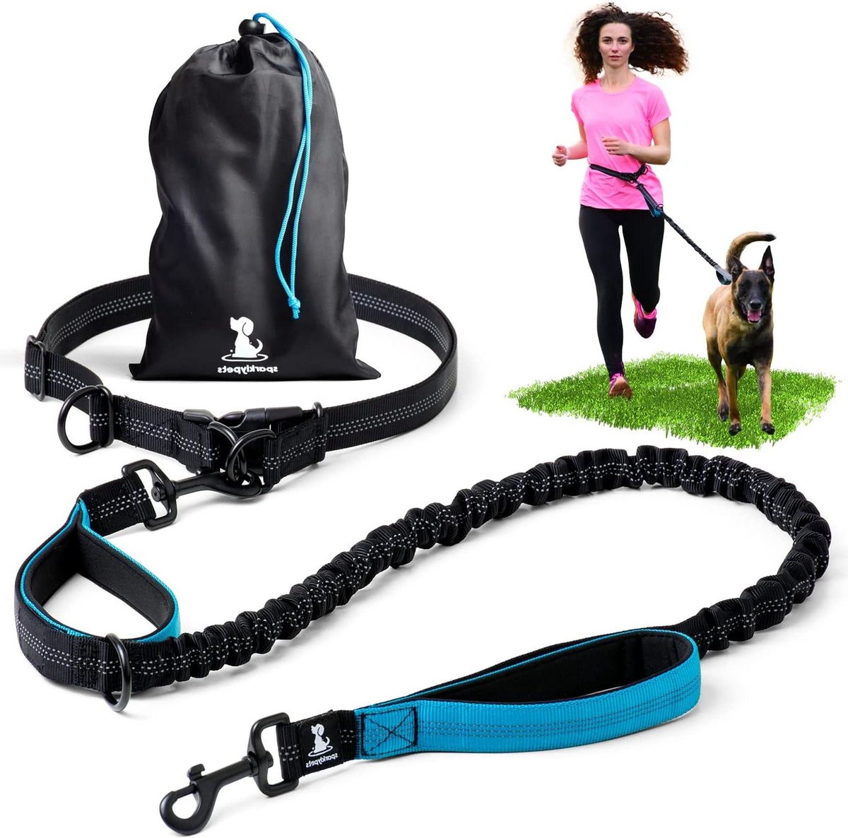 Hondenriem handsfree voor middelgrote en grote honden - professionele hondenlooplijn - reflecterende strepen - taille-hondenriem voor wandelen - trainen - joggen - blauw - 1 hond Hondenriem