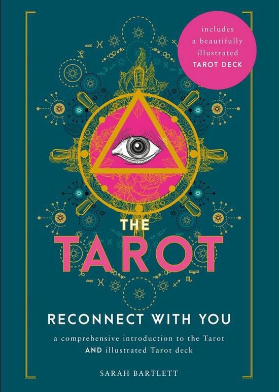 Boek met de titel 'The Tarot Reconnect With You', met een oog in een driehoek en sterrenmotieven. Inclusief tarot deck.