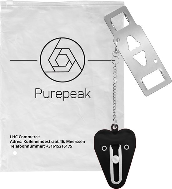 Een zwart hartvormig deurslot met ketting naast een witte verpakking met het Purepeak logo en bedrijfsgegevens.
