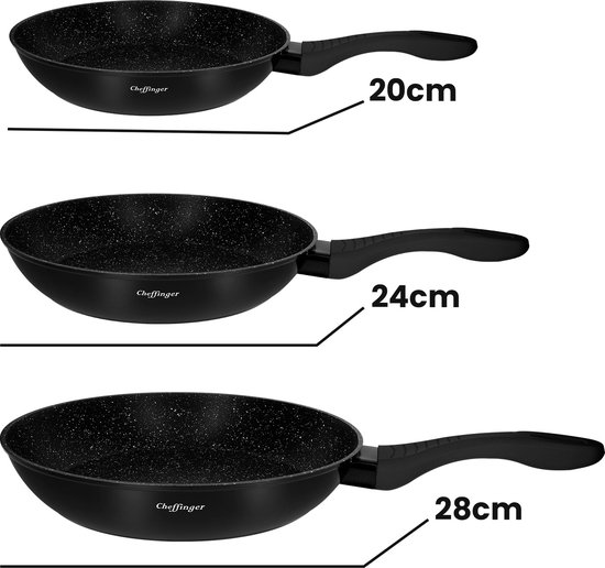 Cheffinger, Set van 3 Koekenpannen met Marmer Effect en Anti-aanbaklaag, Zwart van Cheffinger — afbeelding 2