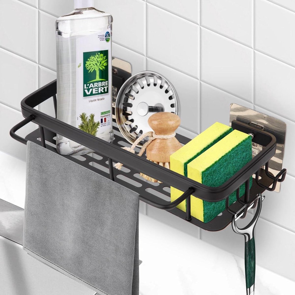 Spoelbak Organizer Metalen Sponshouder Hangende Spoeldoekhouder Zwart - Keuken Badkamer