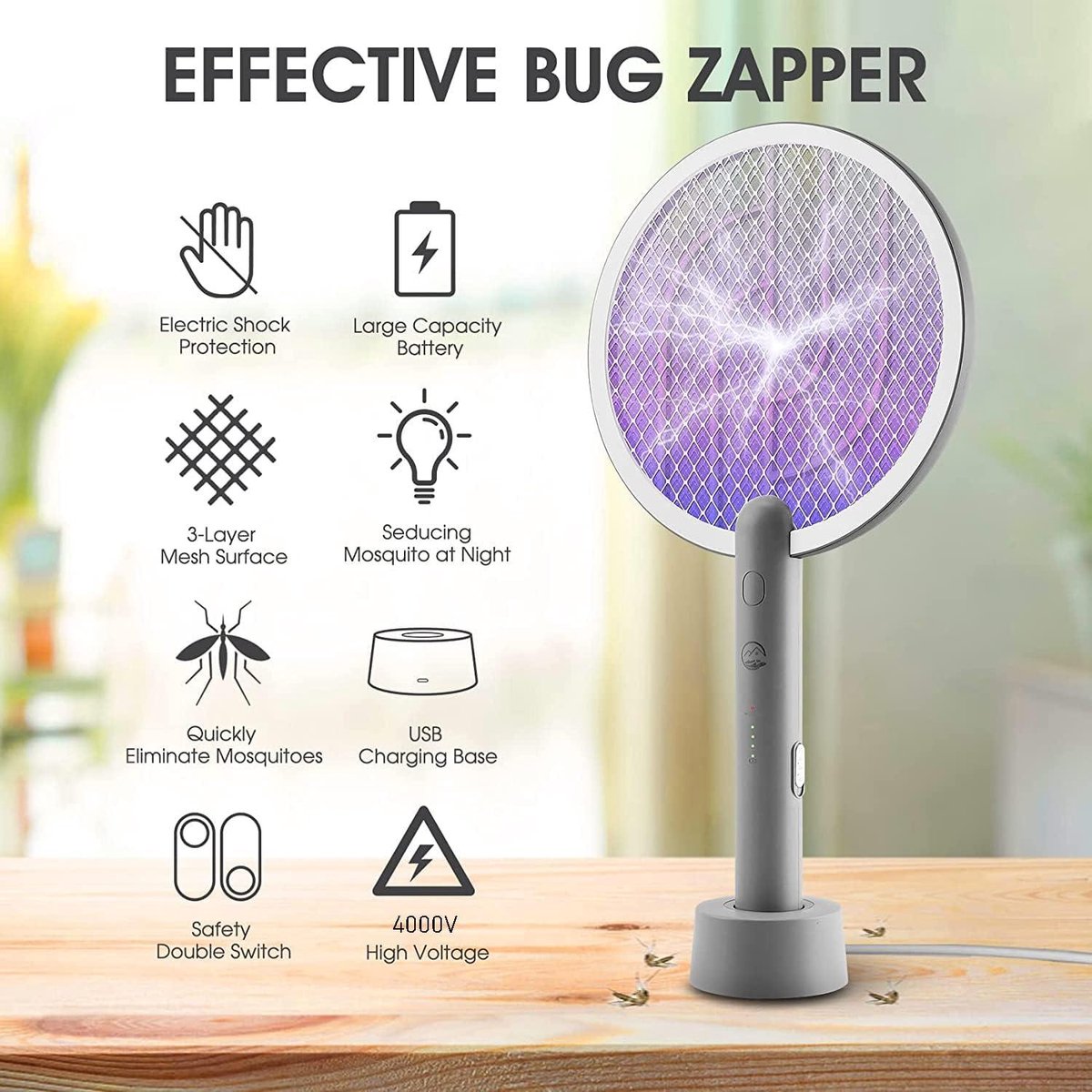 Raquette Électrique Anti-Moustiques - Double Interrupteur, Portable, Rechargeable USB-C - Pour Mouches Et Insectes Volants