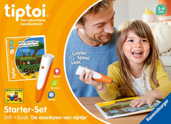 tiptoi starterset met boek "De avonturen van Nijntje". Een vader en dochter spelen met de oranje pen.