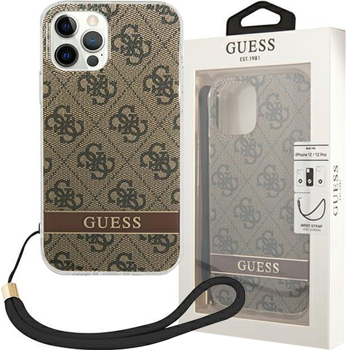 Guess 4G Printed Back Case met Strap - Geschikt voor Apple iPhone 14 Pro (6.1") - Bruin