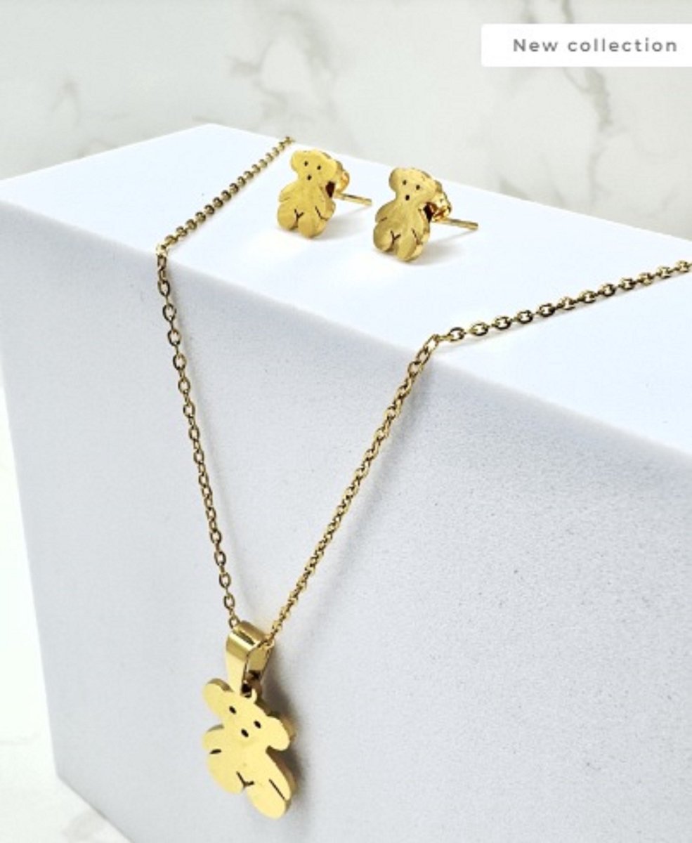 sieraden set - ketting met oorbellen - kleur goud - oorstekers met beer - ketting met hanger beer - bedel - RVS - luxe set -stainless steel en nikkelfree - cadeau - kerst kado - mam - moeder - waterproof - nieuwe collectie