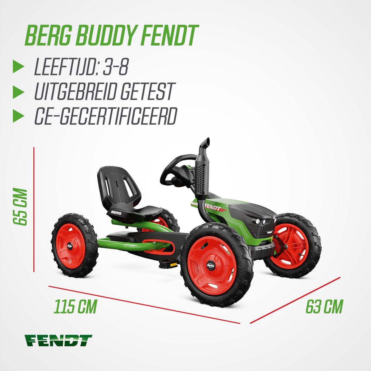 BERG Buddy Fendt® Skelter - 3+ Jaar - Verstelbare Stoel - Vrijloopautomaat - Officieel licentiemodel - Groen/Rood — afbeelding 4