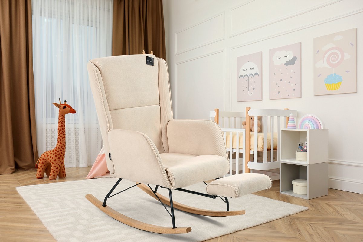 Aemely Schommelstoel Relax Ribstof Beige Ingebouwde voetsteun Schommelstoel Babykamer Fauteuil Hoge Rugleuning
