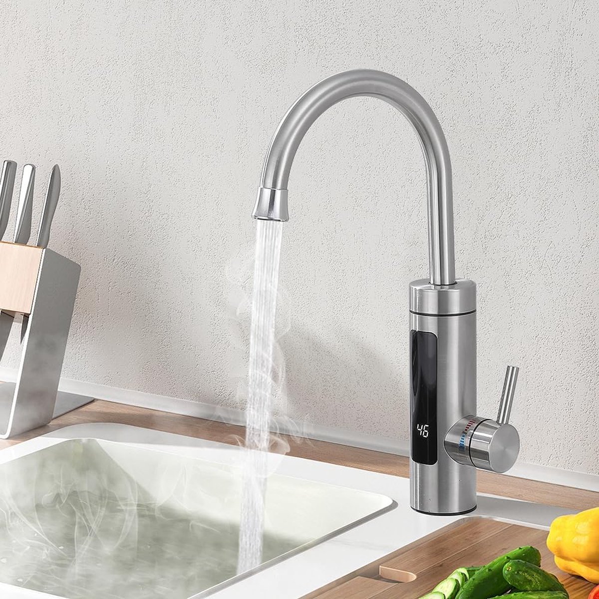 Elektrische Kraan Zilver Verwarmingsfunctie Instant Verwarming Kraan Warmwaterkraan Voor Keuken En Badkamer Stijlvolle Zilveren Mengkraan Duurzame Elektrische Waterkraan Snelle Waterverwarming Roestvrij Stalen Elektrische Kraan