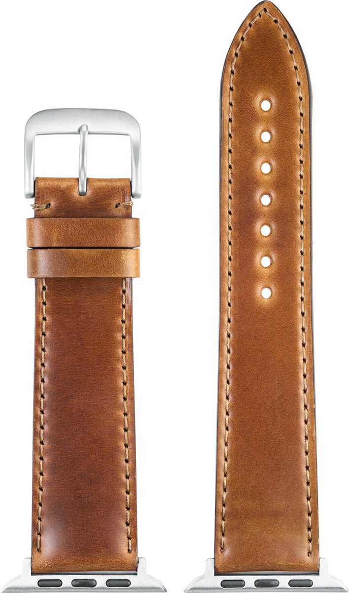 EULIT leer horlogeband geschikt voor Apple Watch 38-40-41 maat - Serie 1-2-3-4-5-6-7-8-9-10 + SE - shell cordovan smart - 20 mm - camel bruin - metalen rose goud gesp - incl. adapter