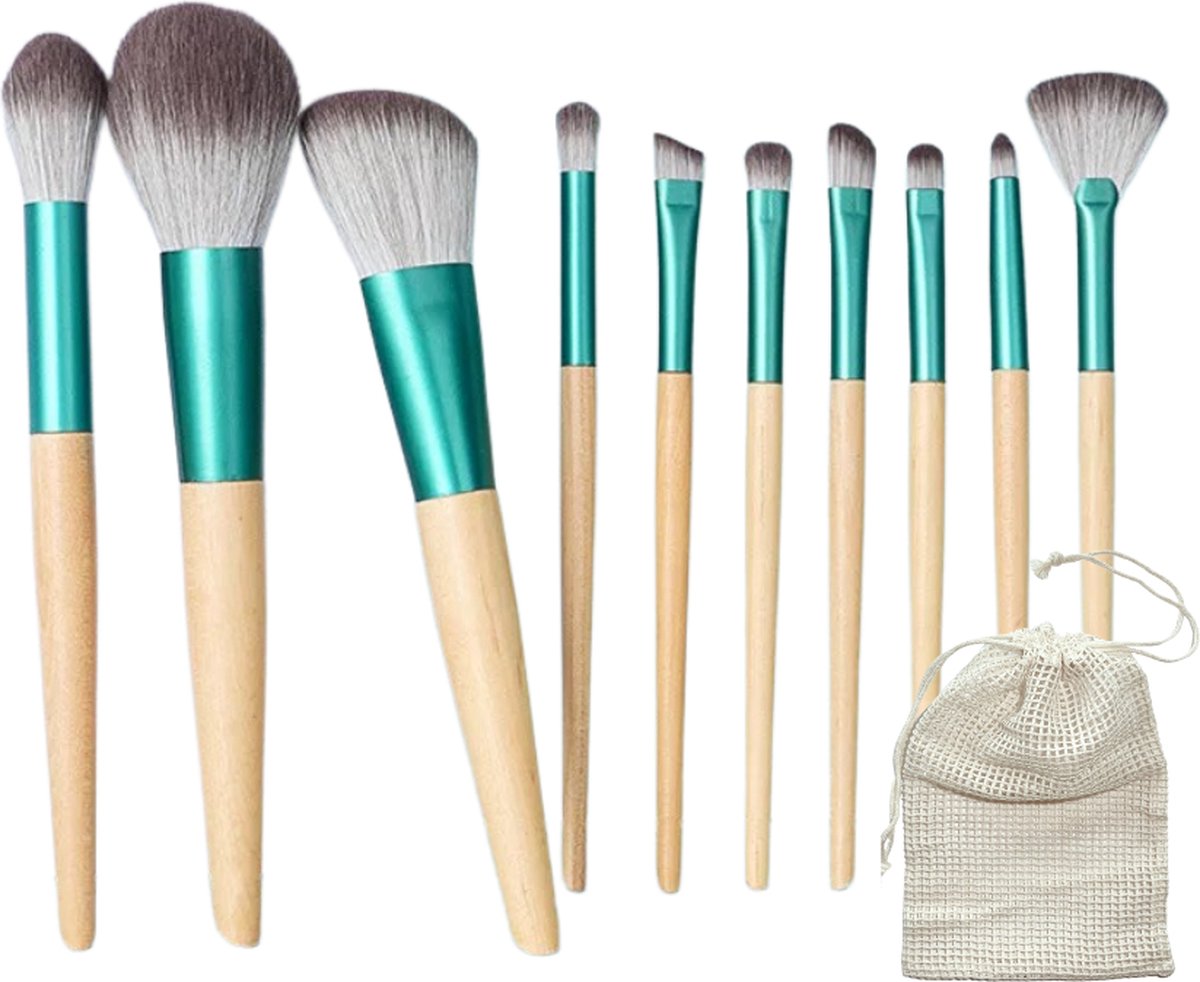 Bamboe make-up kwastenset - 10 stuks - Met opbergzak