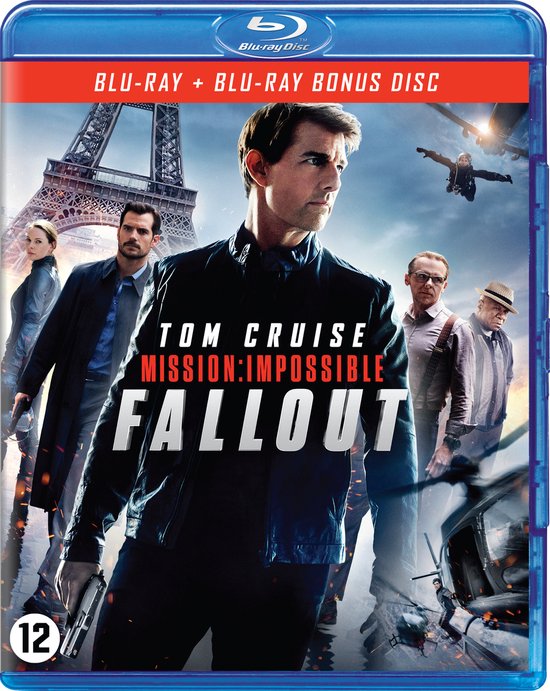 Blu-ray hoes van Mission: Impossible - Fallout met Tom Cruise vooraan, met op de achtergrond de Eiffeltoren, een vliegtuig en andere personages.
