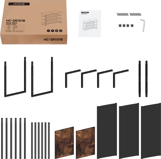 Onderdelen van een industrieel schoenenrek, waaronder houten planken, metalen frame en montage-instructies.