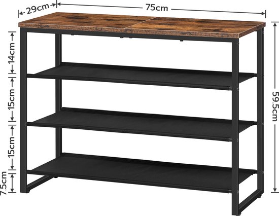 Afmetingen van een industrieel schoenenrek: 75cm breed, 29cm diep, 59.5cm hoog, met 3 zwarte stoffen etages.