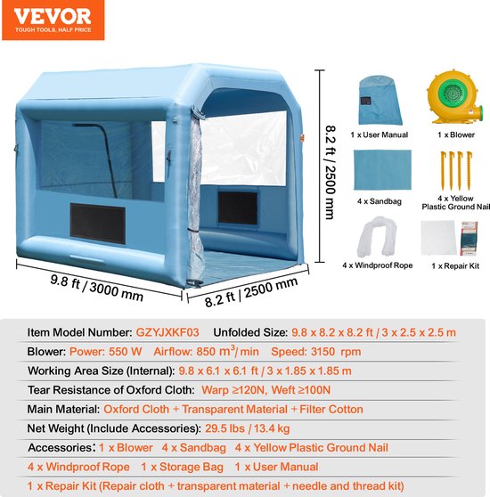 VEVOR Opblaasbare Spuitcabine, 3,9 x 2,4 x 2,4 M Opblaasbare Spuitcabine, met 550 W Ventilator- en Luchtfiltersysteem, Draagbare Autolakcabine voor Het Schilderen van Motorfietsen, Fietsen, Klein Meubilair van Vevor — afbeelding 4