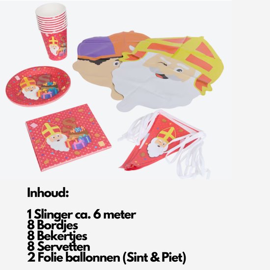 Sinterklaas feestartikelen: 8 bordjes, 8 bekertjes, 8 servetten, 1 slinger en 2 folie ballonnen.