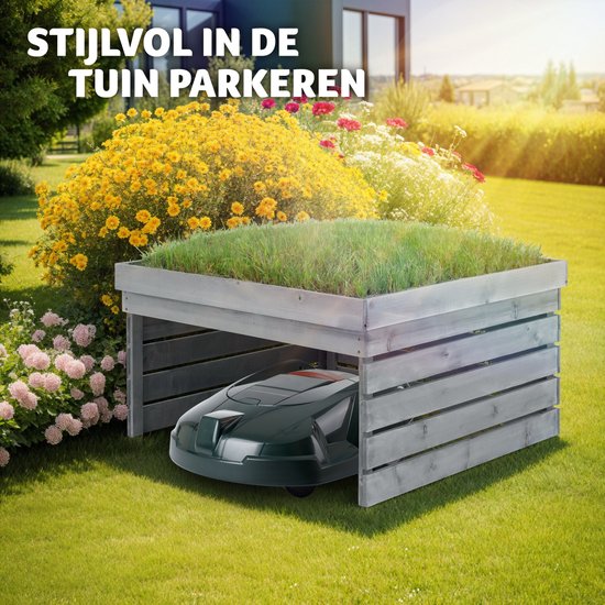 tectake® Garage pour robot tondeuse | Logement en bois avec toit vert, jardinière, bac à fleurs | Rangement de jardin pour tondeuse à gazon | Résistant aux intempéries et aux UV