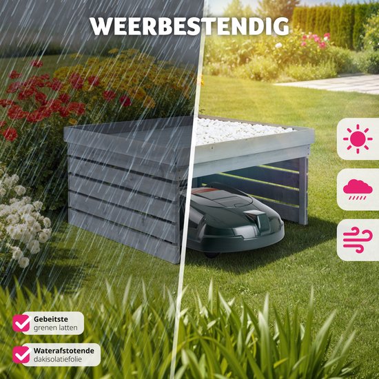 tectake® Garage pour robot tondeuse | Logement en bois avec toit vert, jardinière, bac à fleurs | Rangement de jardin pour tondeuse à gazon | Résistant aux intempéries et aux UV