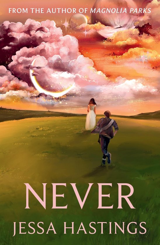 De kaft van het boek 'Never' toont een man die wegrent van een vrouw in een weelderig landschap, met een magische, kleurrijke hemel.