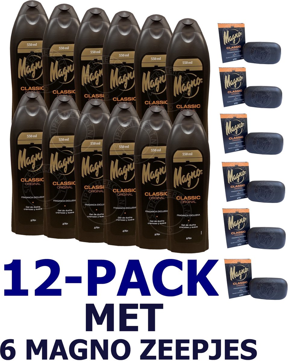 VOORDEEL PACK met 12 x Magno Classic Shower Gel 550ml NU MET 6 MAGNO CLASSIC ZEEPJES
