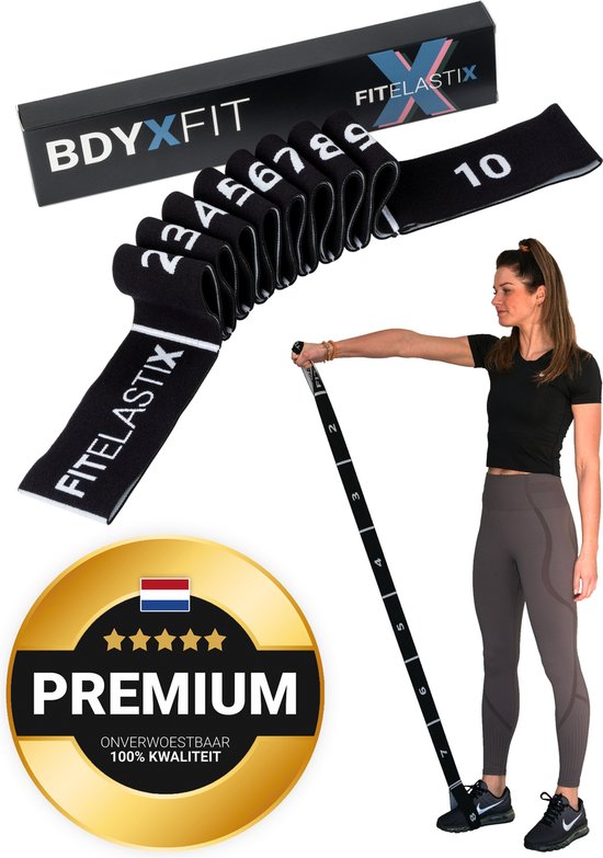 FITELASTIX® Premium Weerstandsband Lang - Alles in 1 - Voor Elk Niveau - Resistance Band - Fitness Elastiek - Sport Elastiek Fitness - Met Handvatten - Thuis Sporten - Stof - Zwart