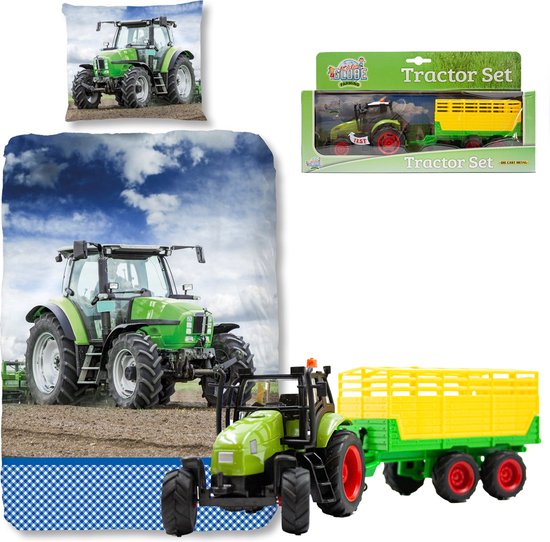 Foto: Dekbedovertrek groene tractor 100 flanel 140x200 220 cm inclusief speelset met silagewagen