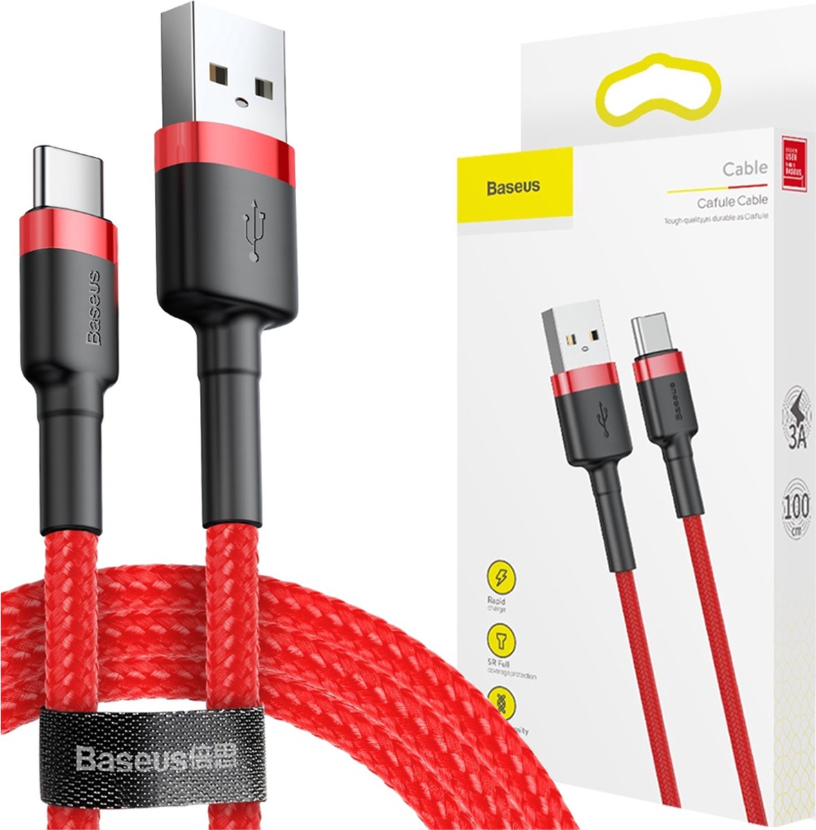 Baseus - Cafule - Kabel Duurzame Nylon Kabel USB / USB-C QC3.0 2A 3M Rood - (CATKLF-U09)