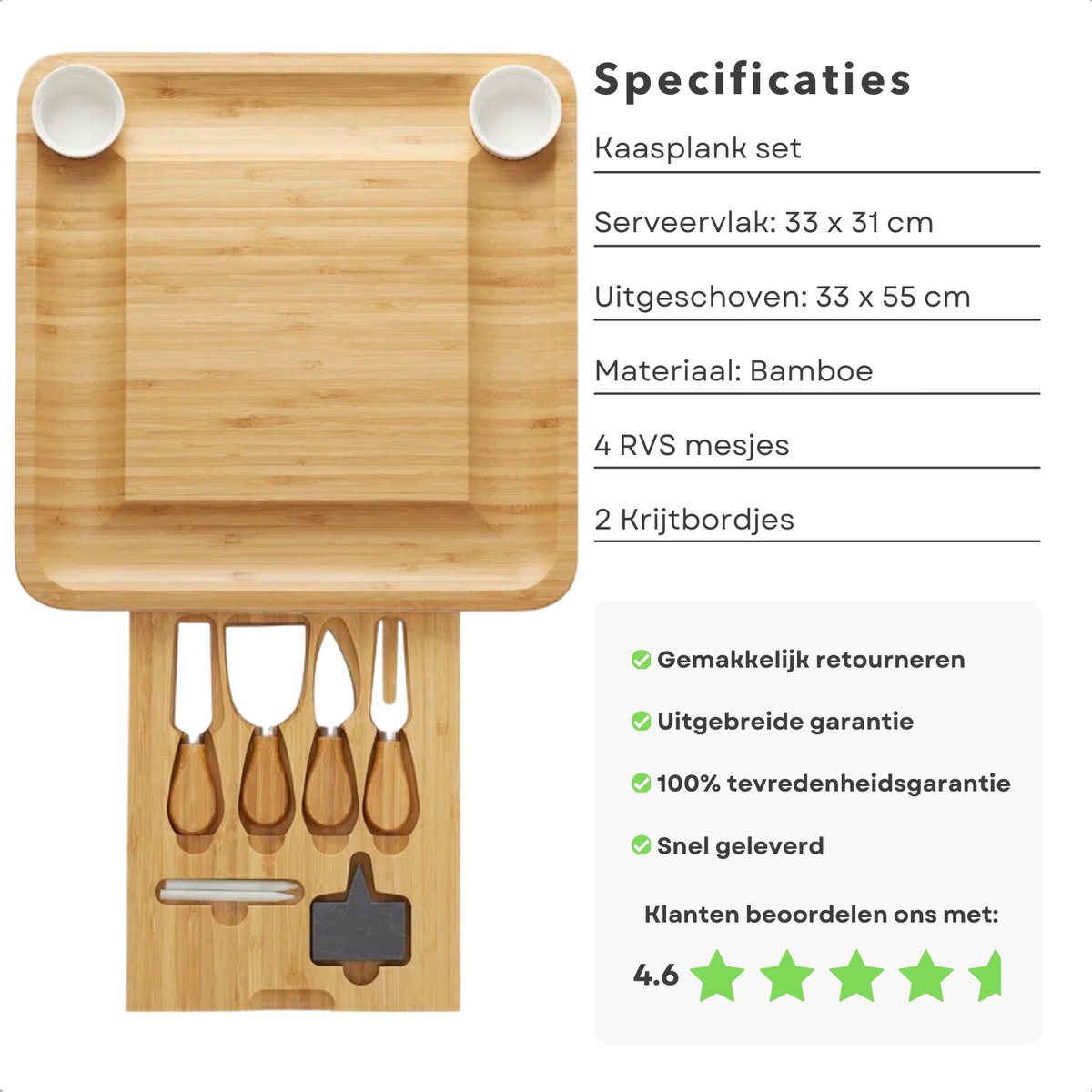 Luxe Tapasplank - Uitschuifbare Borrelplank - Bamboe Kaasplank met Mesjes - 33x55 cm - Inclusief EBOOK — cadeau in Kookcadeaus - foto 2