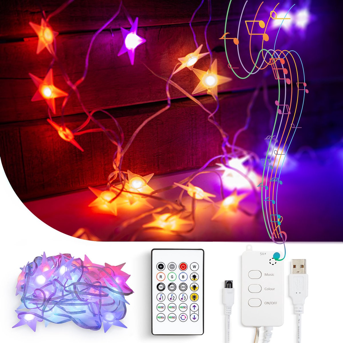 Slimme verlichting - Gekleurd Sterren Lichtsnoer Kerstverlichting voor binnen of buiten - Smart met APP en Bluetooth - op USB (5v) - 5 meter - RGB LED strip
